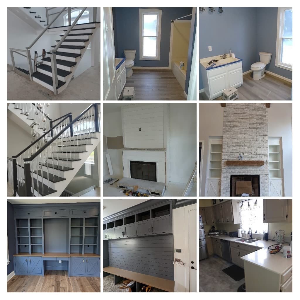 Nine photos showing home construction progress including stairs, bathrooms, fireplace, and kitchen
